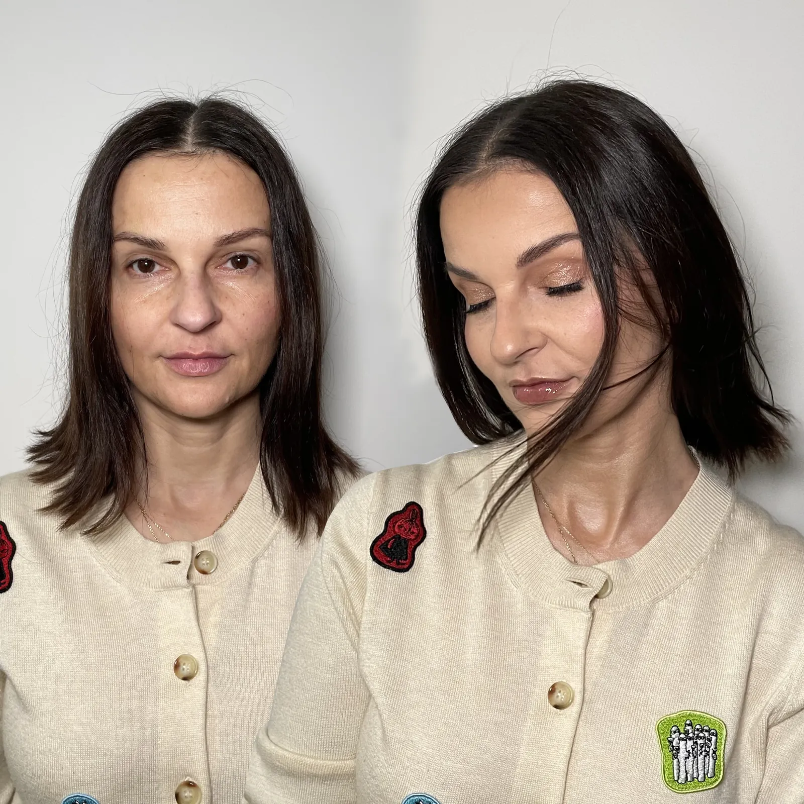 Makijaż przed i po: ta sama twarz bez makijażu i po makijażu wykonanym przez LINAHKARO Beauty